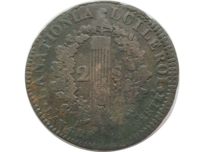 FRANCE LOUIS XVI 2 SOLS FRANÇOIS 1792 I. (Clermont-Ferrand) 22gr52 TB+