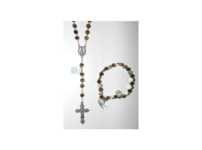 Coffret Chapelet +bracelet-dizainier argenté- OEIL DE TIGRE