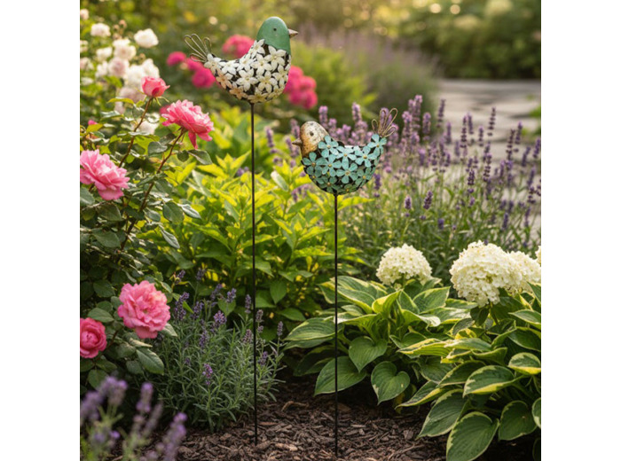 Ensemble 2 tuteurs oiseaux vert d'eau 25x9x110cm