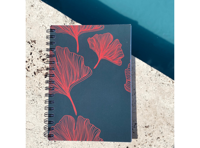 Carnet à spirale fond coloris bleu canard motif ginko rouge