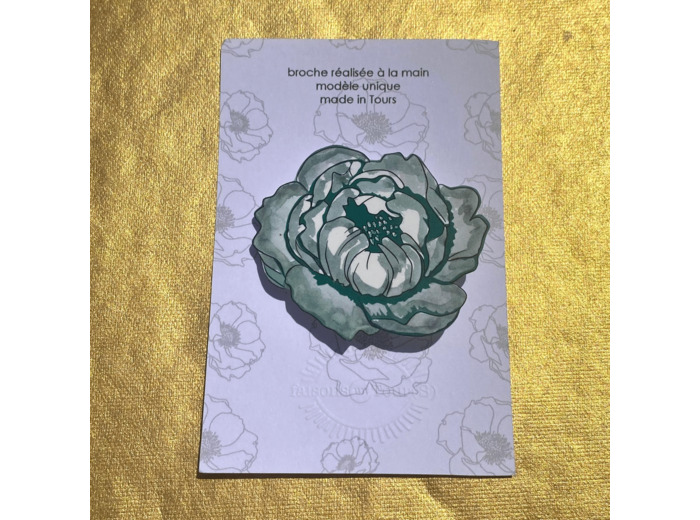 Broche pivoine aquarelle vert pistils pailletés verts