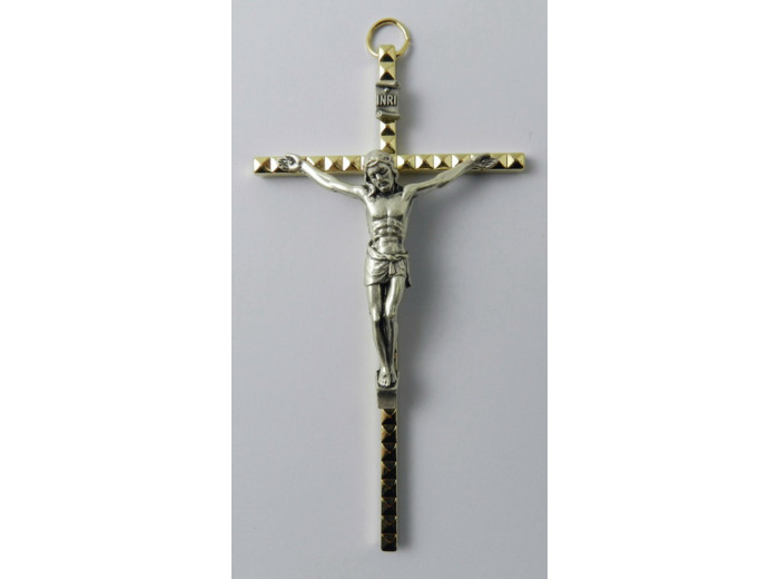 Crucifix métal doré martelé 11cm - Christ argenté