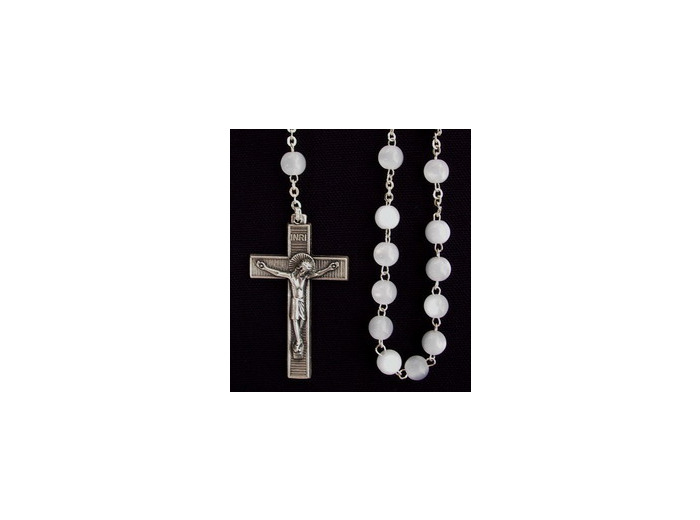 Chapelet verre BLANC translucide chaine arg.croix argentée