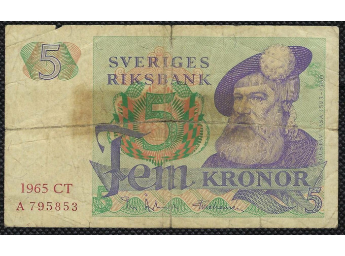 SUEDE 5 KRONOR 1965 Série CT TB+ (W51a)