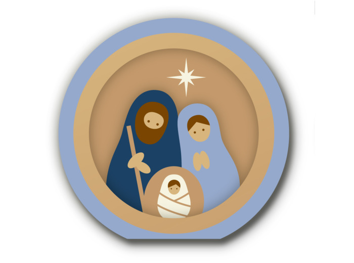 Nativité boule 3D bleu ciel et bois 7x7cm