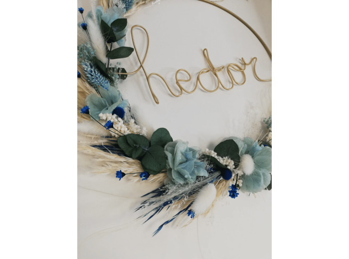 Couronne fleurs séchées/ prénom personnalisable <br> bleu clair & bleu canard