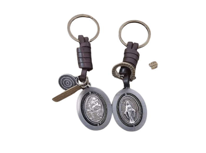 Porte-Clefs Cuir/métal- ST CHRISTOPHE/VIERGE MIRACULEUSE