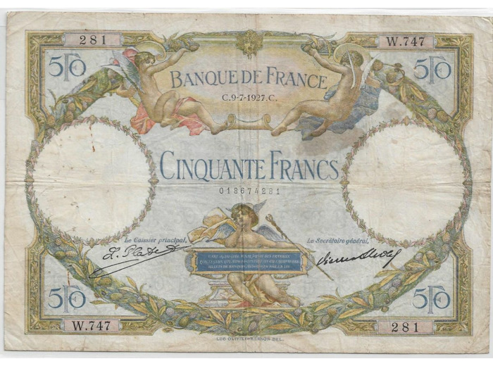 FRANCE 50 FRANCS L.O. MERSON SERIE W.747 9-7-1927 TB+