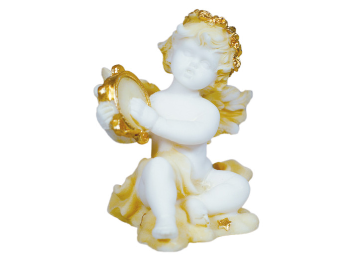 Statue en albâtre 9cm - ANGE MUSICIEN TAMBOURIN Beige et Or