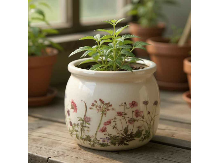 Pot de fleurs rond céramique rose beige 16x16x13cm