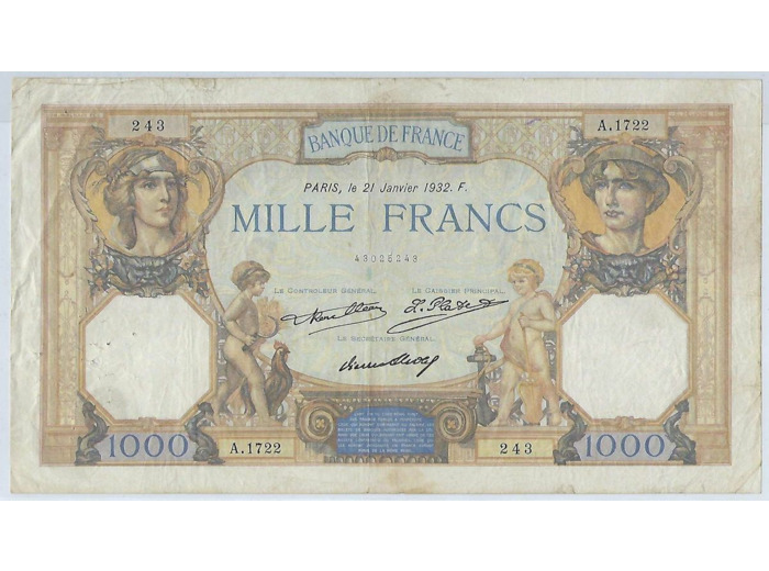 FRANCE 1000 FRANCS CERES ET MERCURE 21 01 1932 SERIE A.1722 TTB