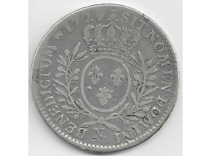 LOUIS XV - 1/2  ECU AUX BRANCHES D'OLIVIER 1727 N (MONTPELLIER) 7/6 TB-