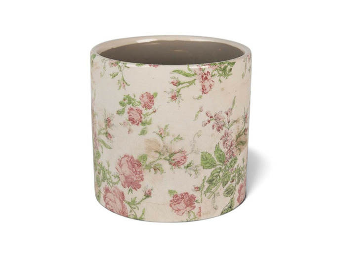 Pot de Fleurs céramique beige rose fleurs 17x16cm
