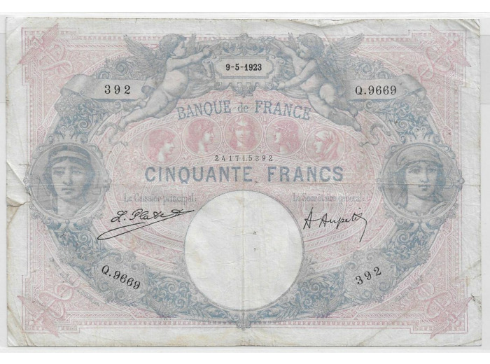 FRANCE 50 FRANCS BLEU ET ROSE SERIE Q.9669 9-5-1923 TB+