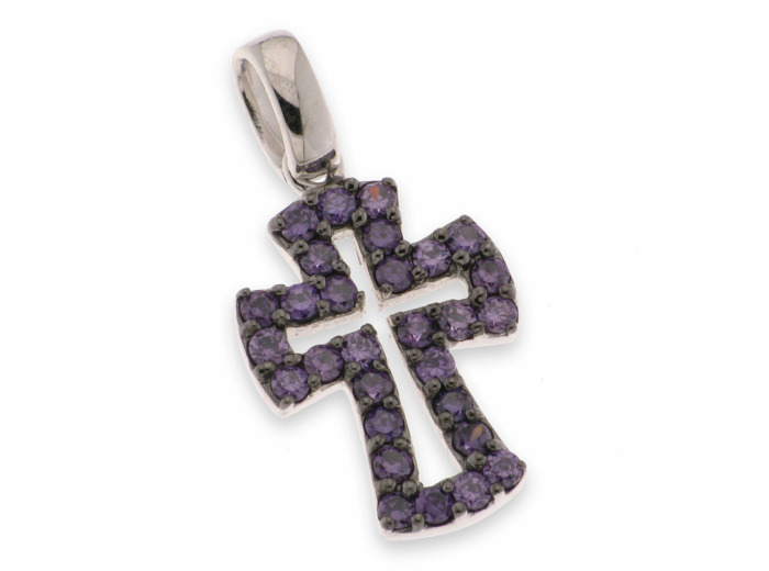 Croix pendentif en Argent 925 + Zirconiums violets- 1,5x1cm