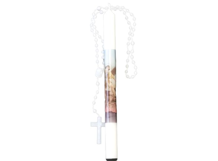 Bougie St Michel 26cm avec Prière + Chapelet blanc en plastique