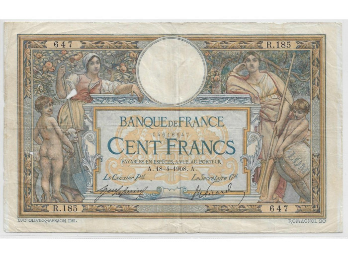 FRANCE 100 FRANCS L.O.M avec LOM SERIE R.185 18-4-1908 TB+