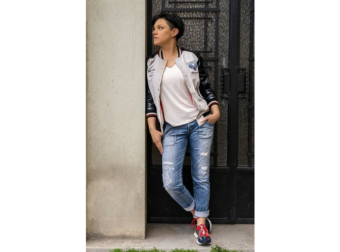 RG0968 Blouson femme cuir agneau noir et beige