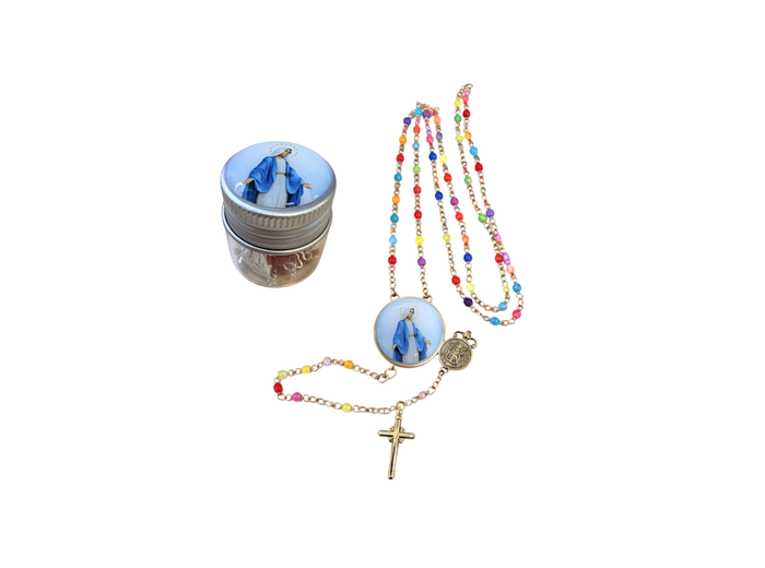 Chapelet Perles verre 2/3mm sur Chaine Argentée - VIERGE MIRACULEUSE
