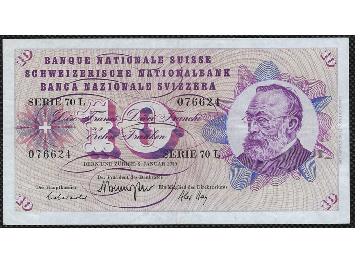 SUISSE 10 FRANCS / FRANKEN 5 JANVIER 1970 Série 70 L TTB+ (W45q)