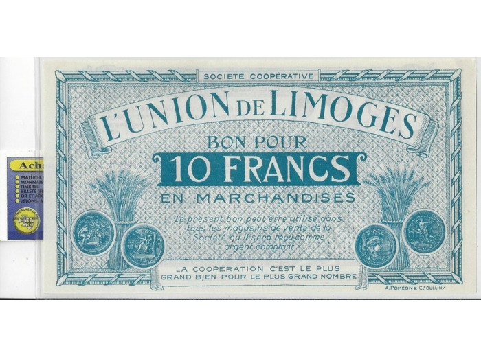 87 HAUTE VIENNE L'UNION DE LIMOGES BON POUR 10 FRANCS EN MARCHANDISE