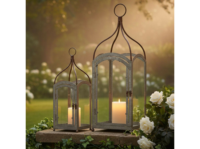 Ensemble 2 lanternes fer patiné gris 15x40cm