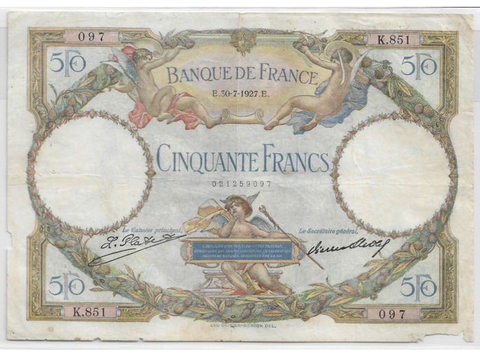 FRANCE 50 FRANCS L.O. MERSON SERIE K.851 30-7-1927 B+