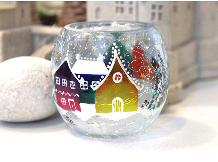 Photophore en verre craquelé peint à la main sur le thème de Noël - Peuvent être vendus par lot de deux