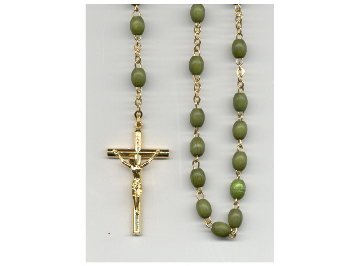 Chapelet BOIS VERT chaine et croix dorées