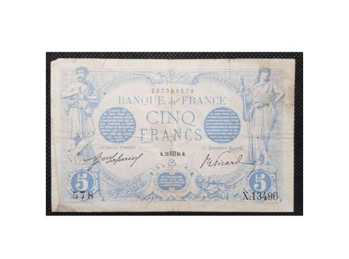FRANCE 5 FRANCS BLEU 22 AOUT 1916 X.13496 TB+ F 02/42