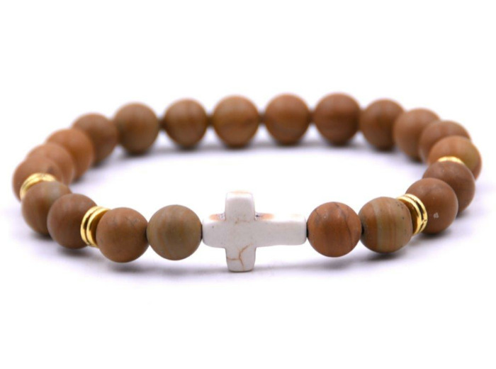 BRACELET élastique 8mm en pierre véritable- Marbre jaune ton Bois