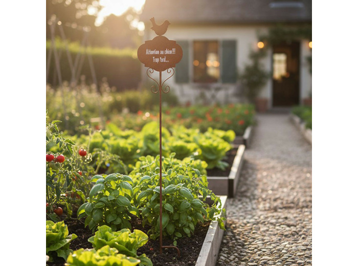 Tuteur de Jardin Humoristique Attention au chien Trop Tard en Métal 18x100cm