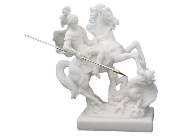 St Georges - Statue en albâtre 20cm -Blanc