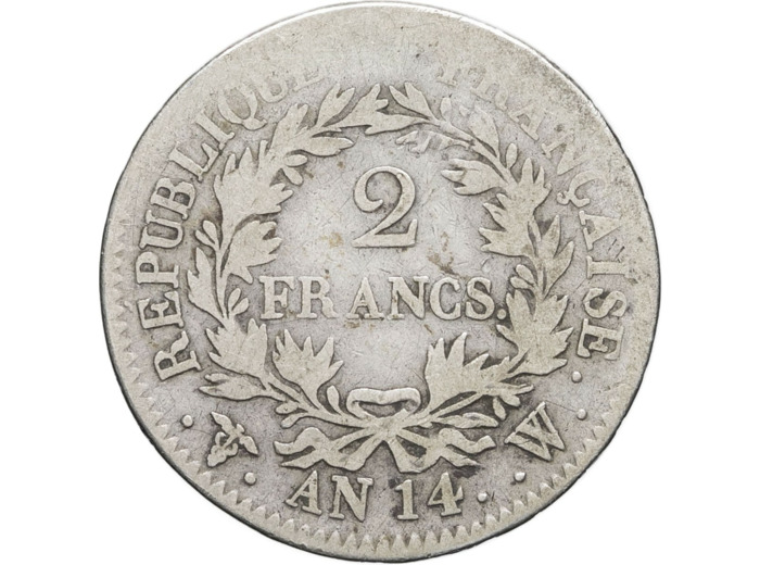 FRANCE 2 FRANCS NAPOLEON EMPEREUR AN 14 W (Lille) TB- (G495)