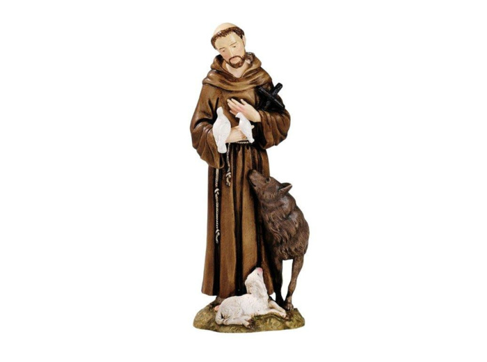 St François au loup 16 cm- résine POLYCHROME peinte main
