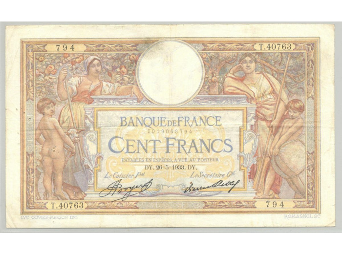 FRANCE 100 FRANCS MERSON SANS LOM SERIE T.40763 26-5-1933 TTB