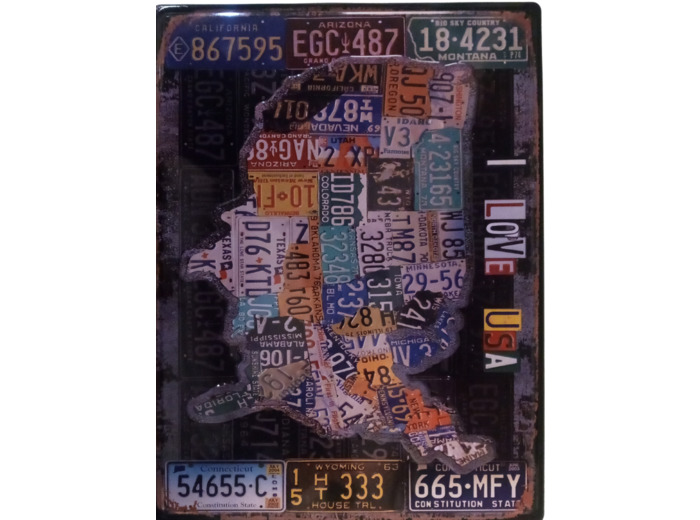 Plaque métal - Carte Des USA Avec les plaques d'immatriculation de Chaque état -  30 x 40 cm