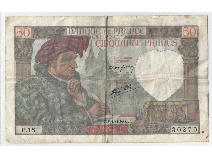 FRANCE 50 FRANCS JACQUES COEUR 05/09/1940 TB+  B.15