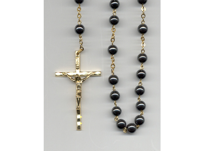 Chapelet HEMATITE chaîne et croix dorées
