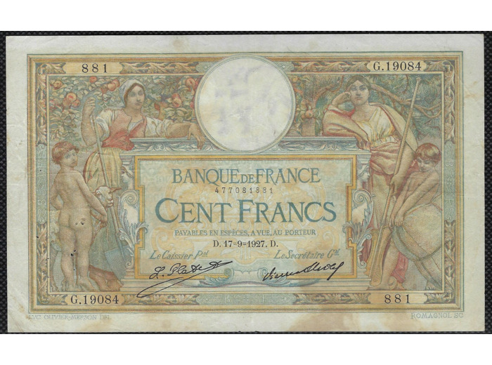 FRANCE 100 FRANCS MERSON sans LOM 17-9-1927 G.19084 TB+ (F24/06)