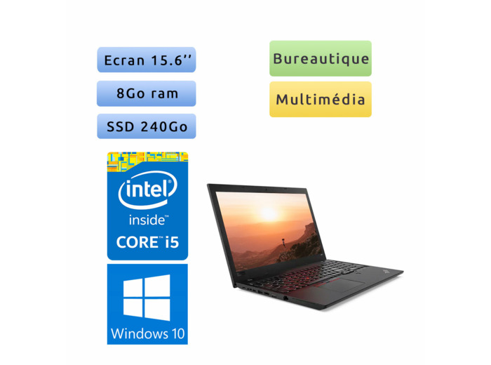 Lenovo Thinkpad L580 - Windows 10 - i5 8Go 240Go SSD - 15.6 - Webcam - Ordinateur Portable PC