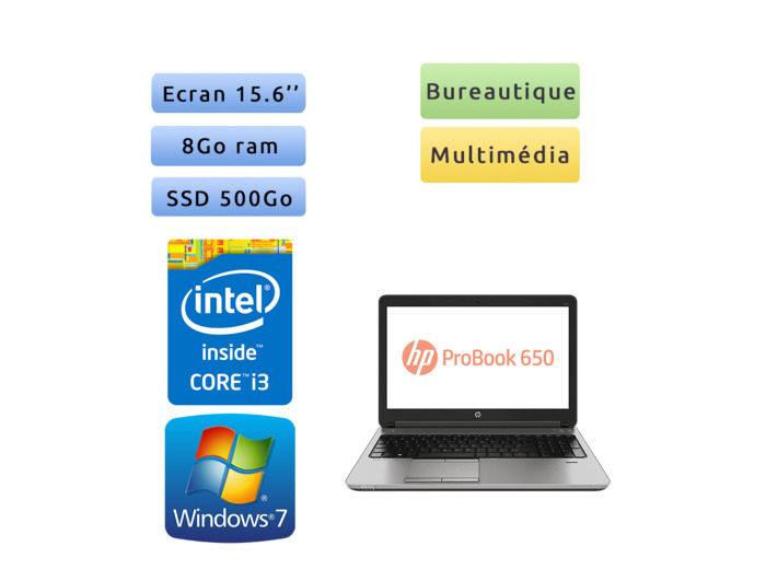 HP ProBook 650 G2 - Windows 7 - i3 8Go 500Go SSD - 15.6 - Webcam - Ordinateur Portable PC - bureautique