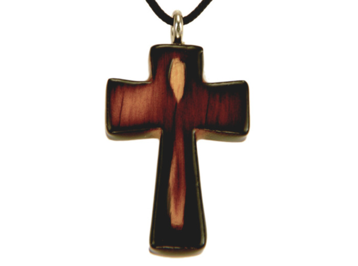 Croix en Bois d'Erable Vernis 3,5cm avec Cordon - CARAMEL