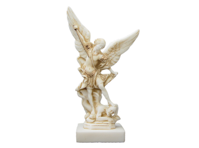 St Michel - Statue en albâtre 20cm -Beige et Or