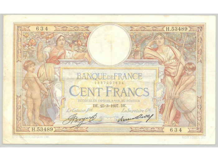 FRANCE 100 FRANCS MERSON SANS LOM SERIE H.53489 25-3-1937 TTB