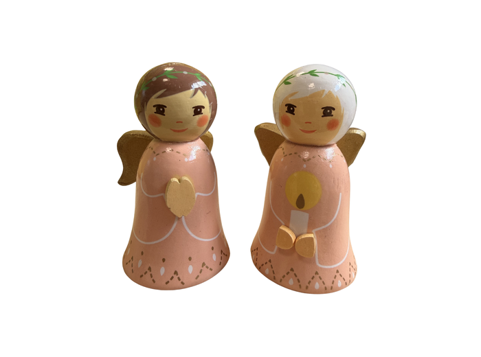 2 Anges en bois tourné Rose 7cm  - Prière + Bougie