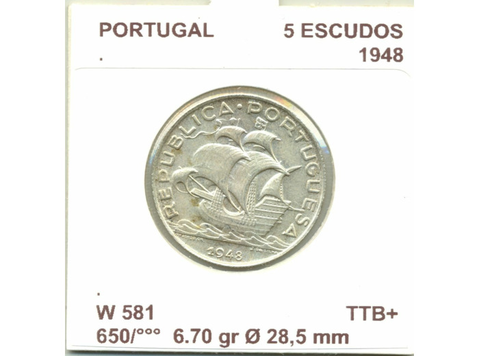 PORTUGAL 5 ESCUDOS 1948 TTB+