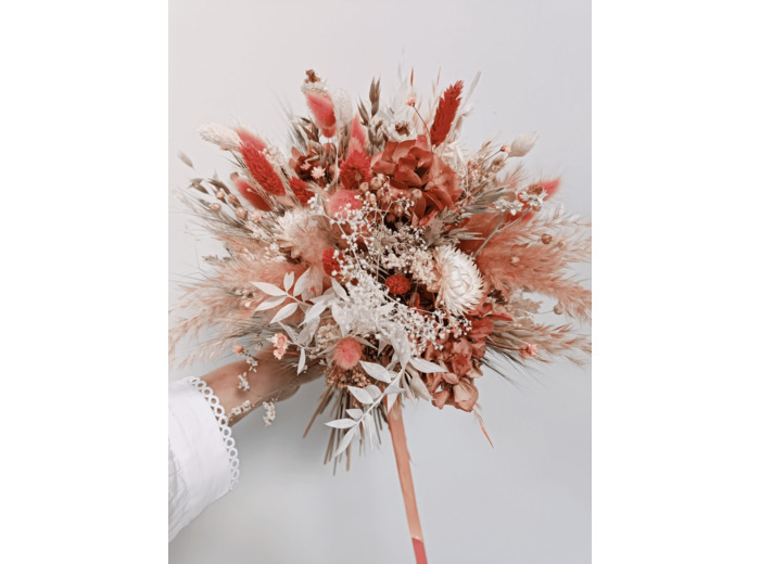 Bouquet rond fleurs sechees - blanc & terracotta