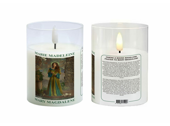 Bougie LED 7.5x10cm - Sainte Marie Madeleine + Prière - sans pile