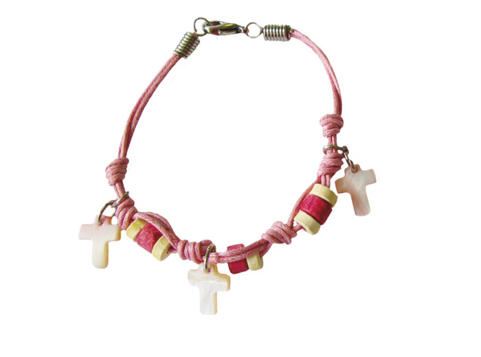 Bracelet en Corde + Croix en Nacre - ROSE